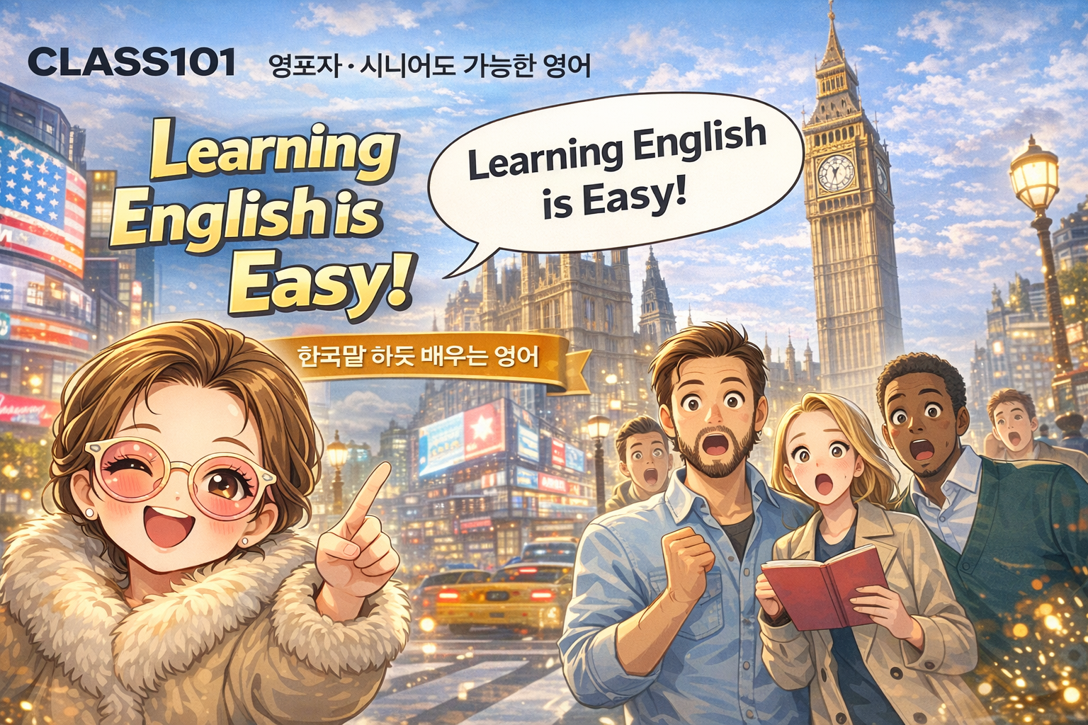 이 이미지는 뉴욕 타임스 스퀘어와 런던 빅 벤이 합성된 야경을 배경으로 한 클래스101의 영어 학습 광고 배너입니다.
화면 왼쪽 상단에는 'CLASS101' 로고가 있으며, 그 오른쪽에 '영포자 · 시니어도 가능한 영어'라는 한글 문구가 적혀 있습니다.
화면 중앙 왼쪽에는 'Learning English is Easy!'라는 굵은 금색 영문 텍스트가 큰 크기로 배치되어 있습니다. 그 오른쪽 위로 동일한 문구인 'Learning English is Easy!'가 적힌 흰색 말풍선이 위치합니다.
배경에는 네온사인과 전광판이 빛나는 타임스 스퀘어의 번화가, 노란 택시가 다니는 거리, 그리고 그 위로 빅 벤 시계탑이 우뚝 솟아 있습니다.
화면 하단 중앙에는 갈색 리본 배너 안에 '한국말 하듯 배우는 영어'라는 한글 문구가 적혀 있습니다.
이미지 하단부에는 애니메이션 스타일의 인물들이 배치되어 있습니다. 왼쪽에는 분홍색 하트 선글라스를 끼고 털코트를 입은 여성이 밝게 웃으며 오른손 검지를 위로 가리키고 있습니다. 오른쪽에는 세 명의 성인이 놀란 표정으로 그녀를 바라보고 있습니다. 가장 오른쪽의 여성은 붉은색 책을 들고 있으며, 남성들은 입을 벌리고 감탄하는 표정입니다. 이미지 하단과 주변에는 빛나는 보케 효과가 흩어져 있습니다.