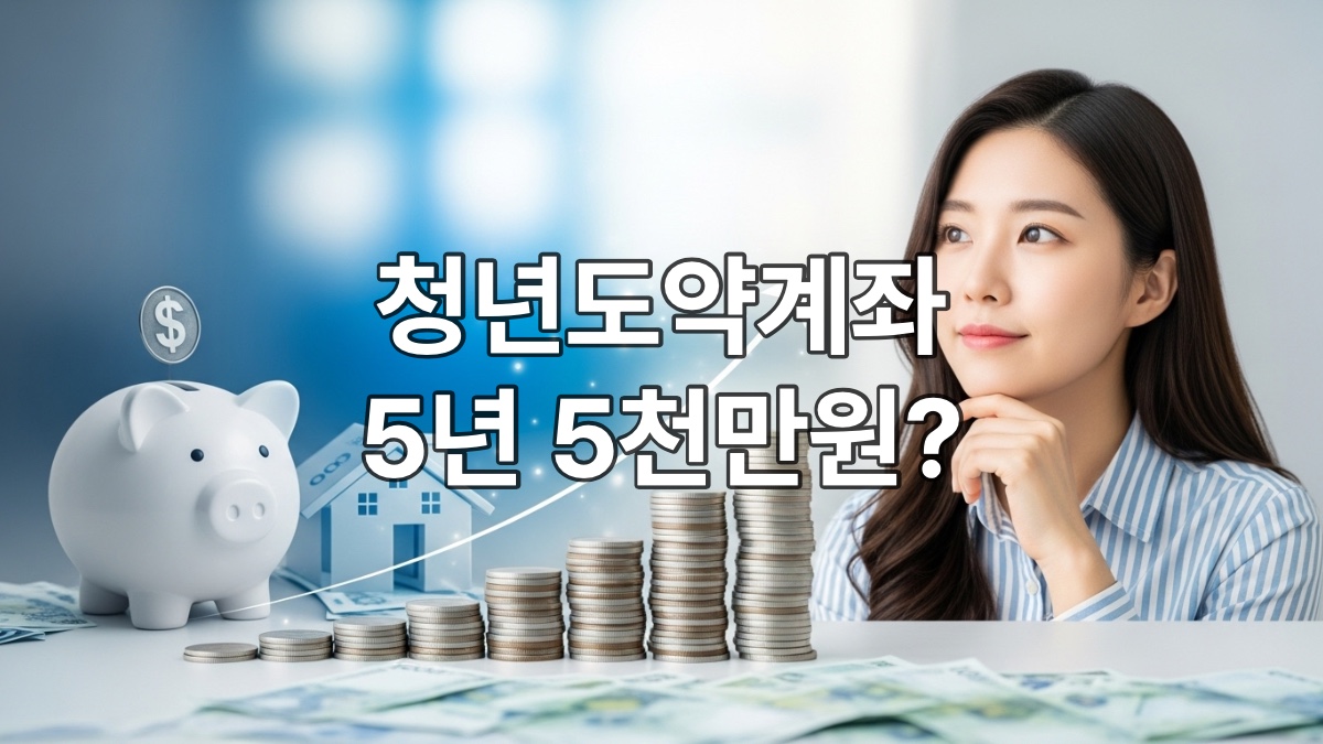 희망찬 표정의 청년이 동전과 지폐가 쌓여 만든 상승 그래프를 바라보는 모습, 청년도약계좌를 통한 성공적인 목돈 마련과 밝은 미래를 상징합니다.