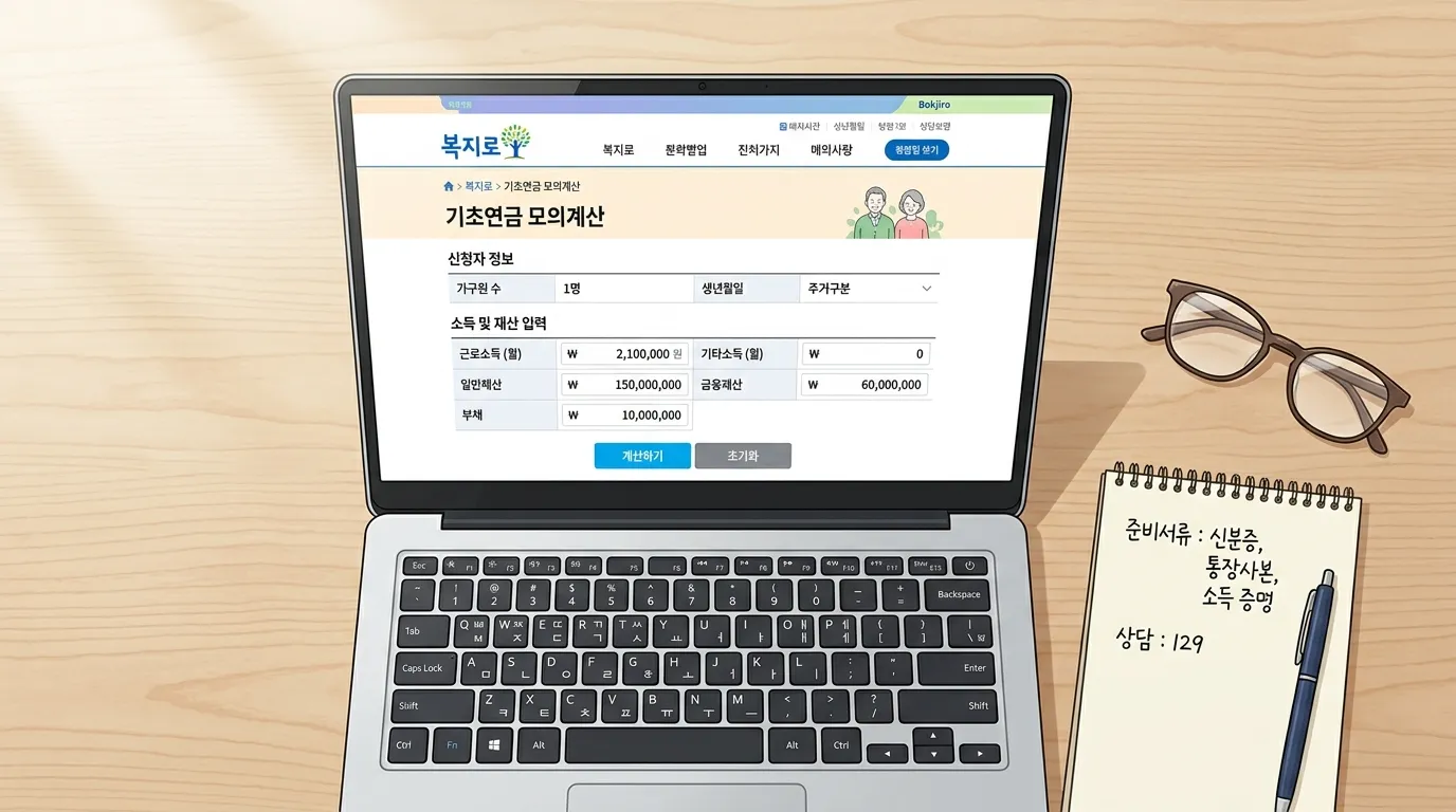 복지로 기초연금 모의계산 화면에서 소득·재산 항목을 입력하는 장면