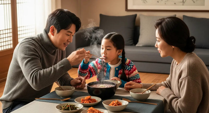 팥죽먹는 가족 3명