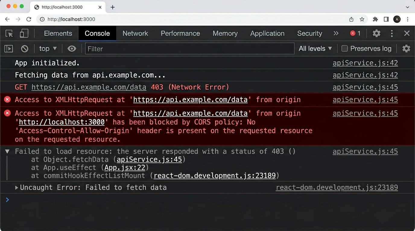 크롬 브라우저 개발자 도구 콘솔창에 나타난 Access to XMLHttpRequest has been blocked by CORS policy 붉은색 에러 메시지 캡처 화면