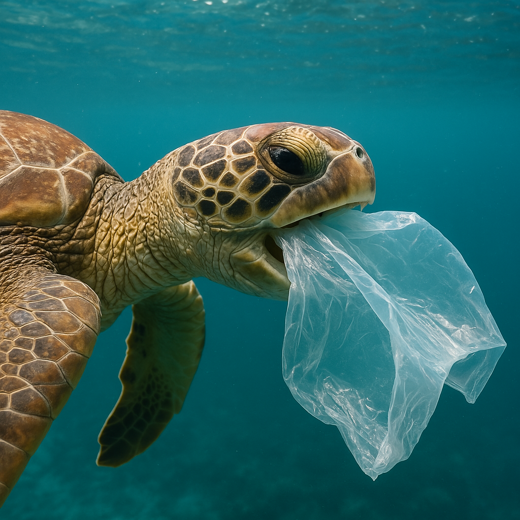 바다거북이 비닐봉지를 해파리로 착각해 삼키는 장면 (Ai 생성이미지)