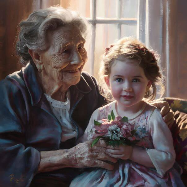 손녀와 함께 앉아 있는 할머니