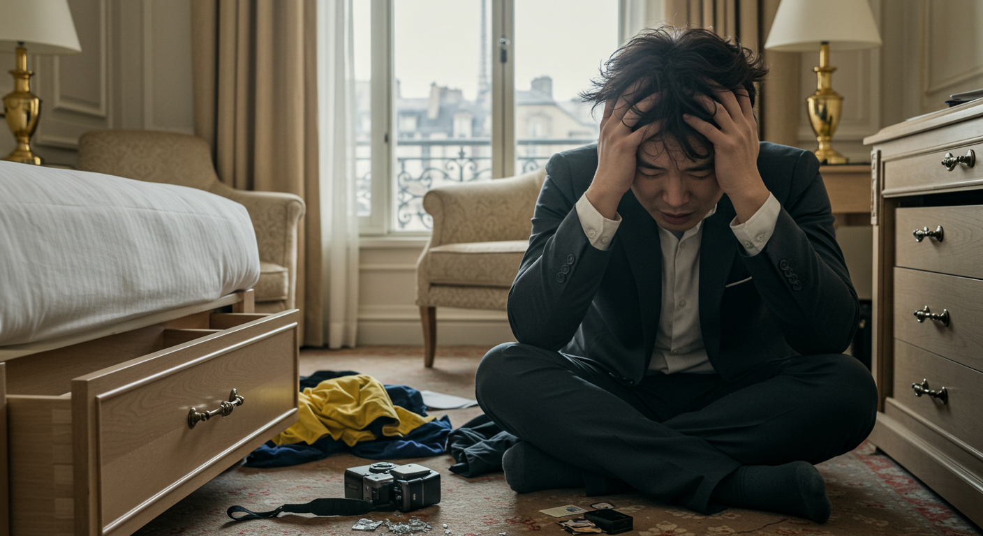 프랑스 호텔 방에서 도난당한 후 혼란스러워하는 여행객.