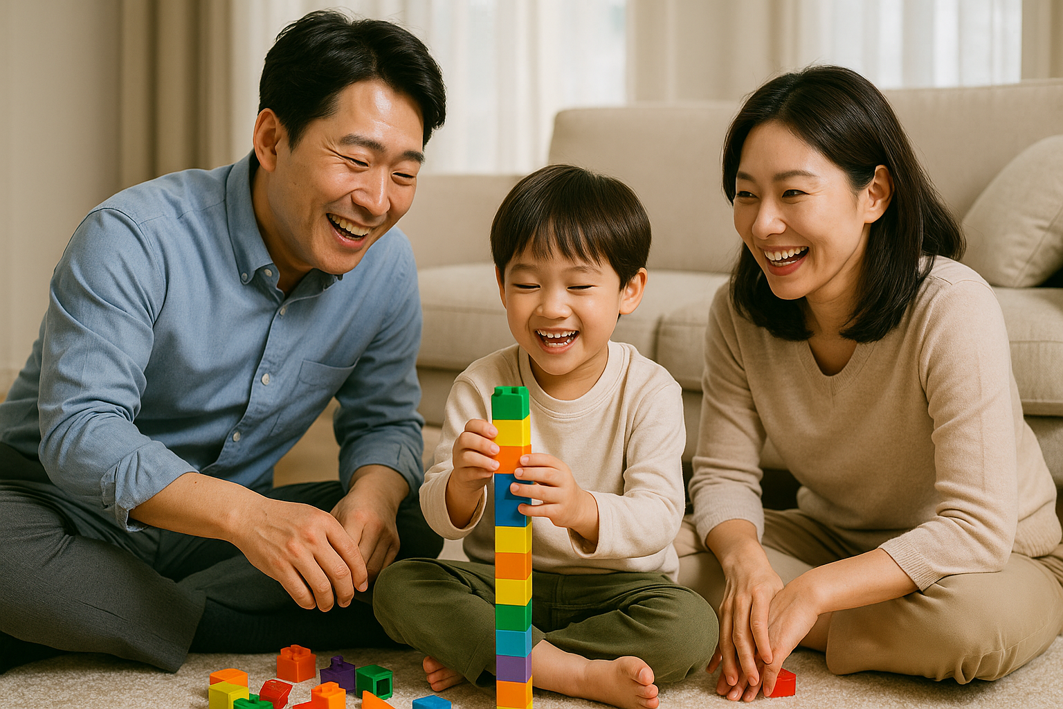 아빠와 엄마가 아이와 함께 주말에 놀이하는 모습입니다.