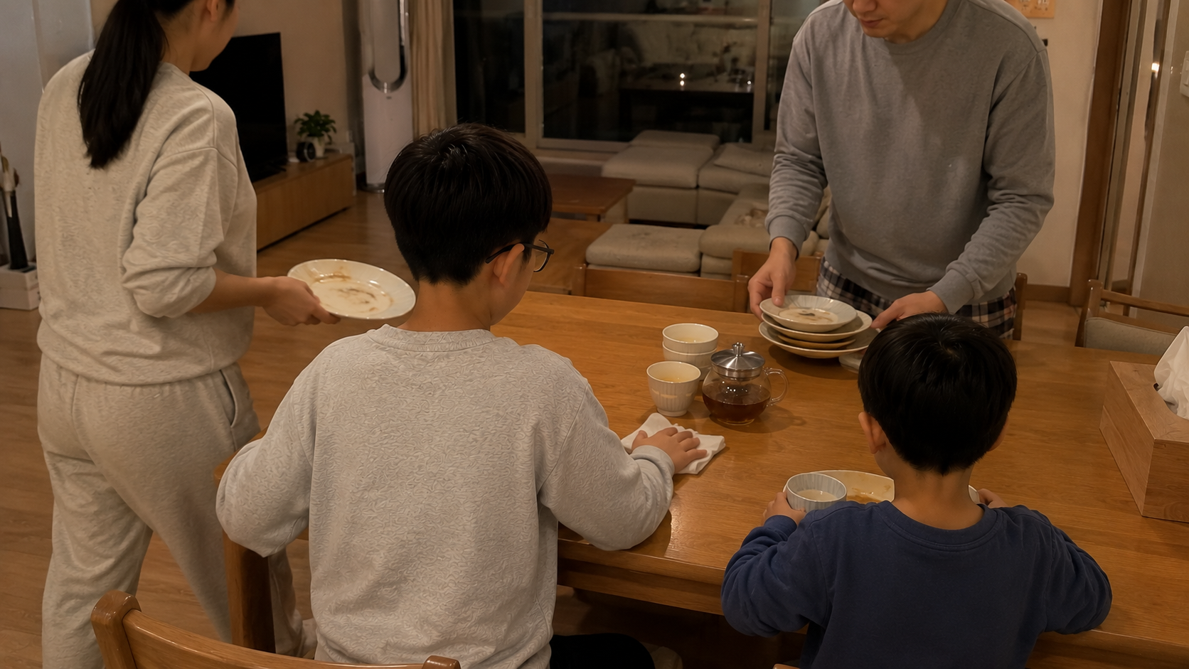 가족이 함께 식탁을 정리하는 모습