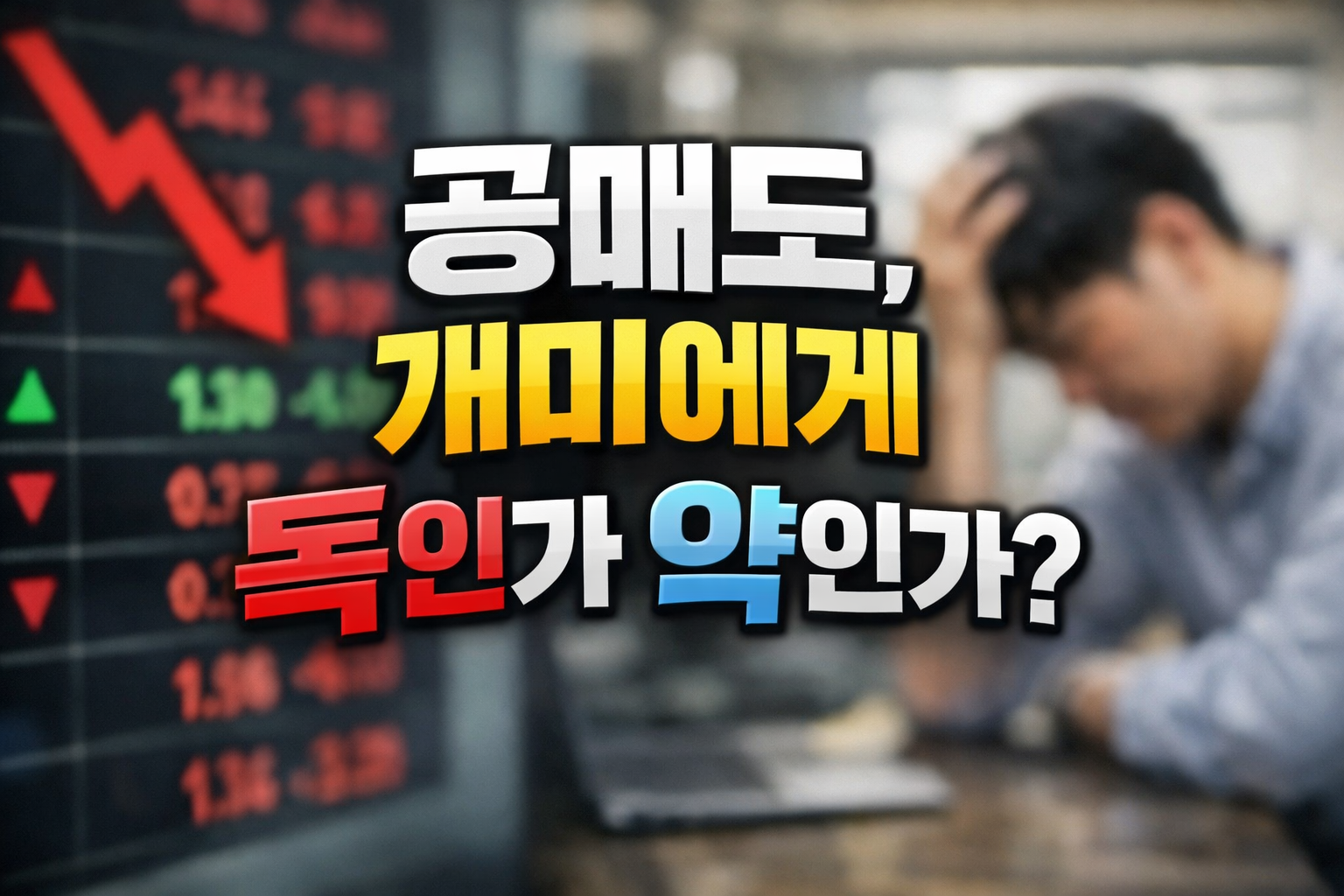 공매도 상황에서 하락 그래프를 바라보며 고민하는 개인 투자자와 주가 하락을 나타내는 차트 이미지