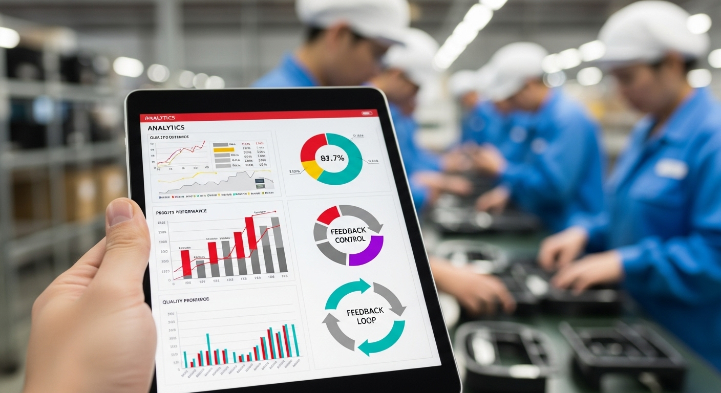 생산 실적 분석 차트와 피드백 루프 다이어그램을 보여주는 태블릿을 든 손. 뒤로는 제품을 검사하는 작업자들이 보이며, 품질 관리와 지속적 개선을 상징합니다.