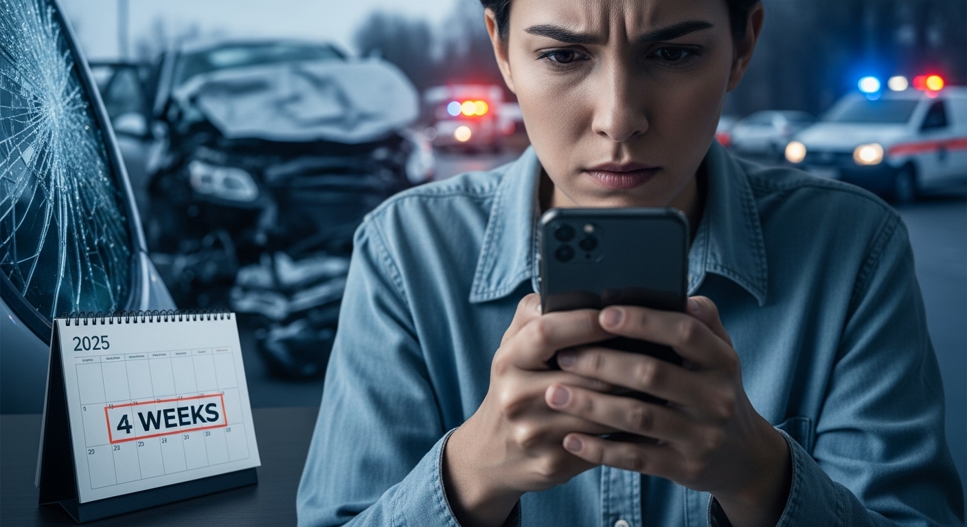 2025년 교통사고 후 보험사 담당자 연락 두절로 초조해하는 사람의 모습과 4주 진단서 의무화가 강조된 달력. 보험 합의 문제로 고민하는 상황을 묘사.