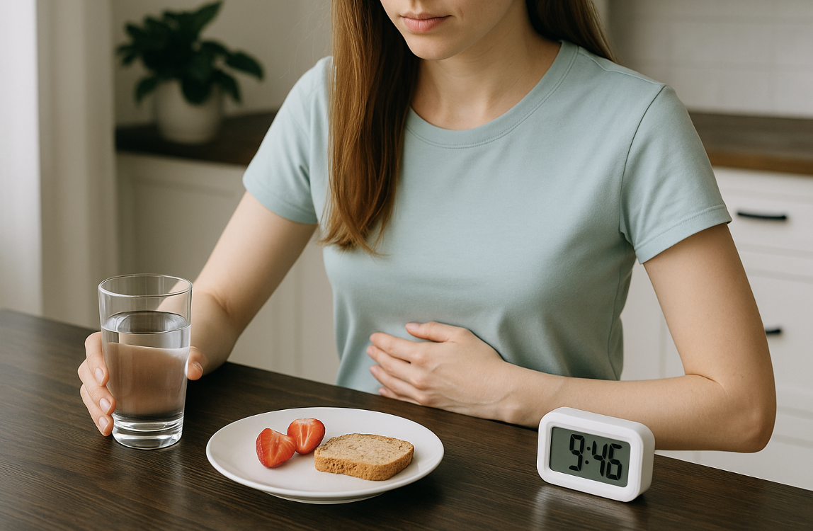 간헐적 단식 중 식사를 시작하려는 여성 사진