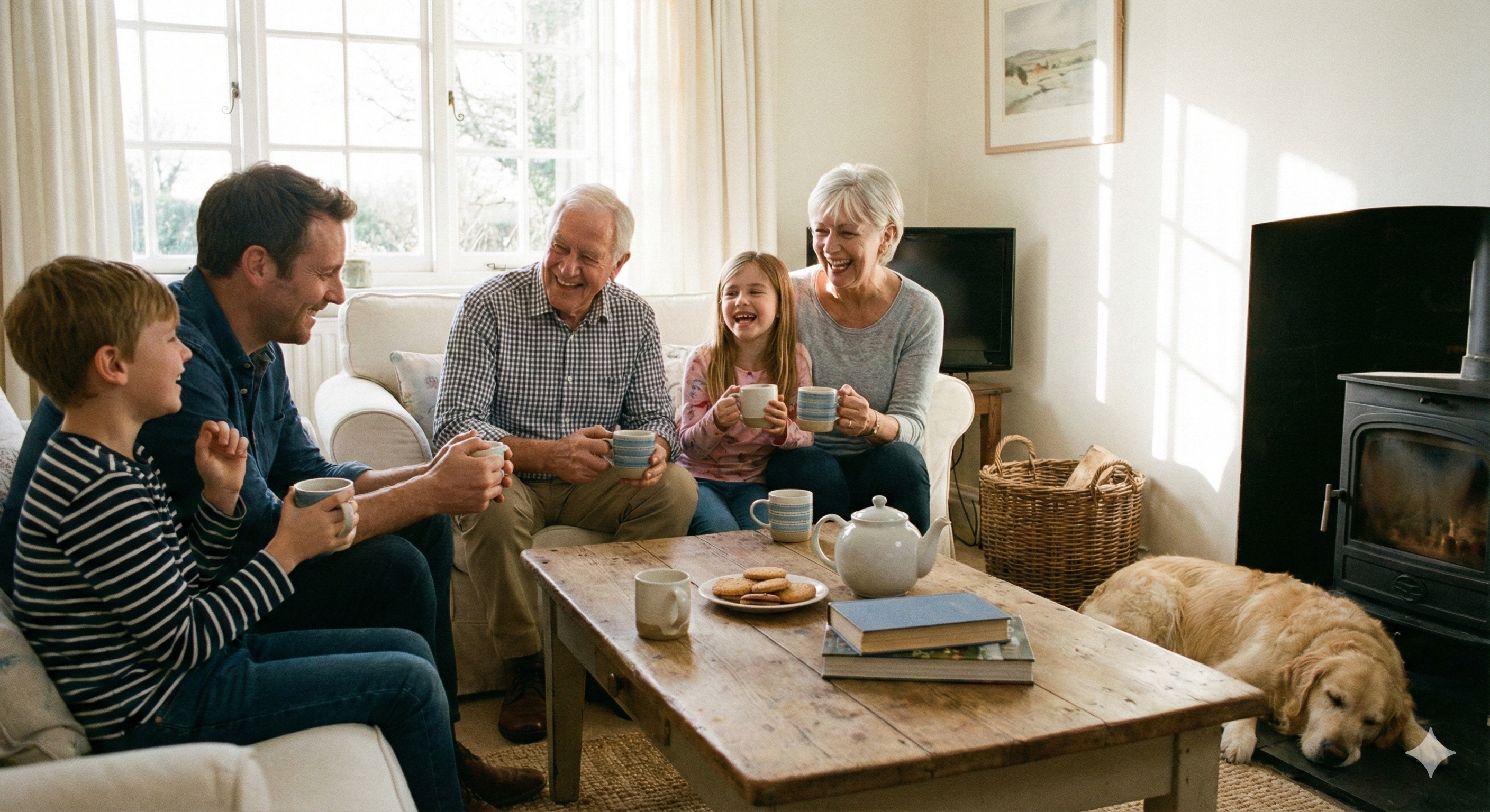 안심하고 웃으며 차를 마시는 가족 사진