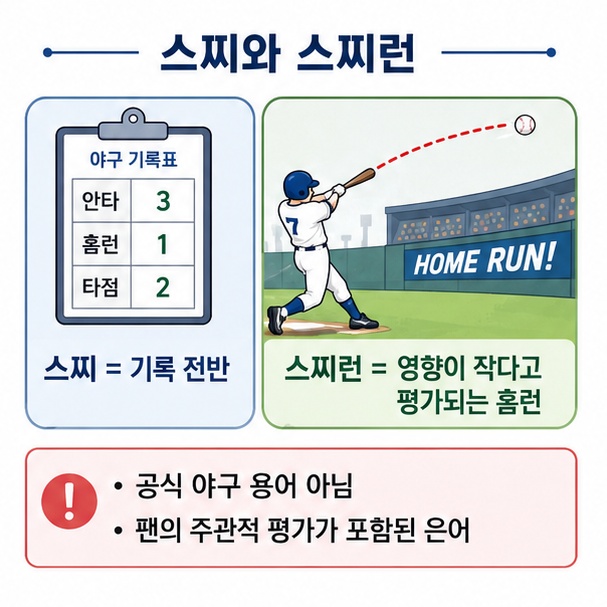 스찌와 스찌런의 의미를 구분하고 공식 야구 통계가 아닌 팬들의 주관적 평가가 들어간 은어임을 정리한 이미지
