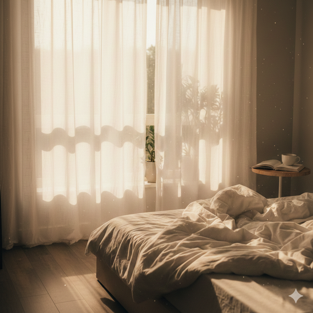 아침 햇빛이 들어오는 집 안 침실 풍경&rdquo;