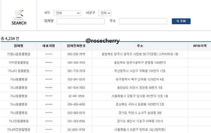 동물등록제신청-가능한-동물병원-조회하는-화면