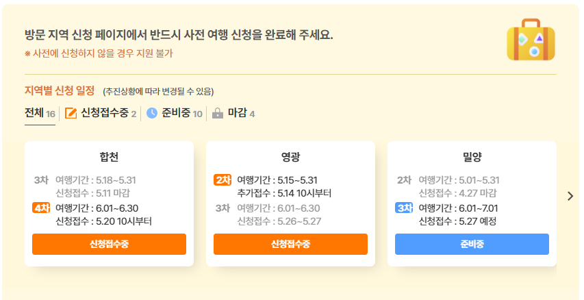 현재 신청가능한 여행지