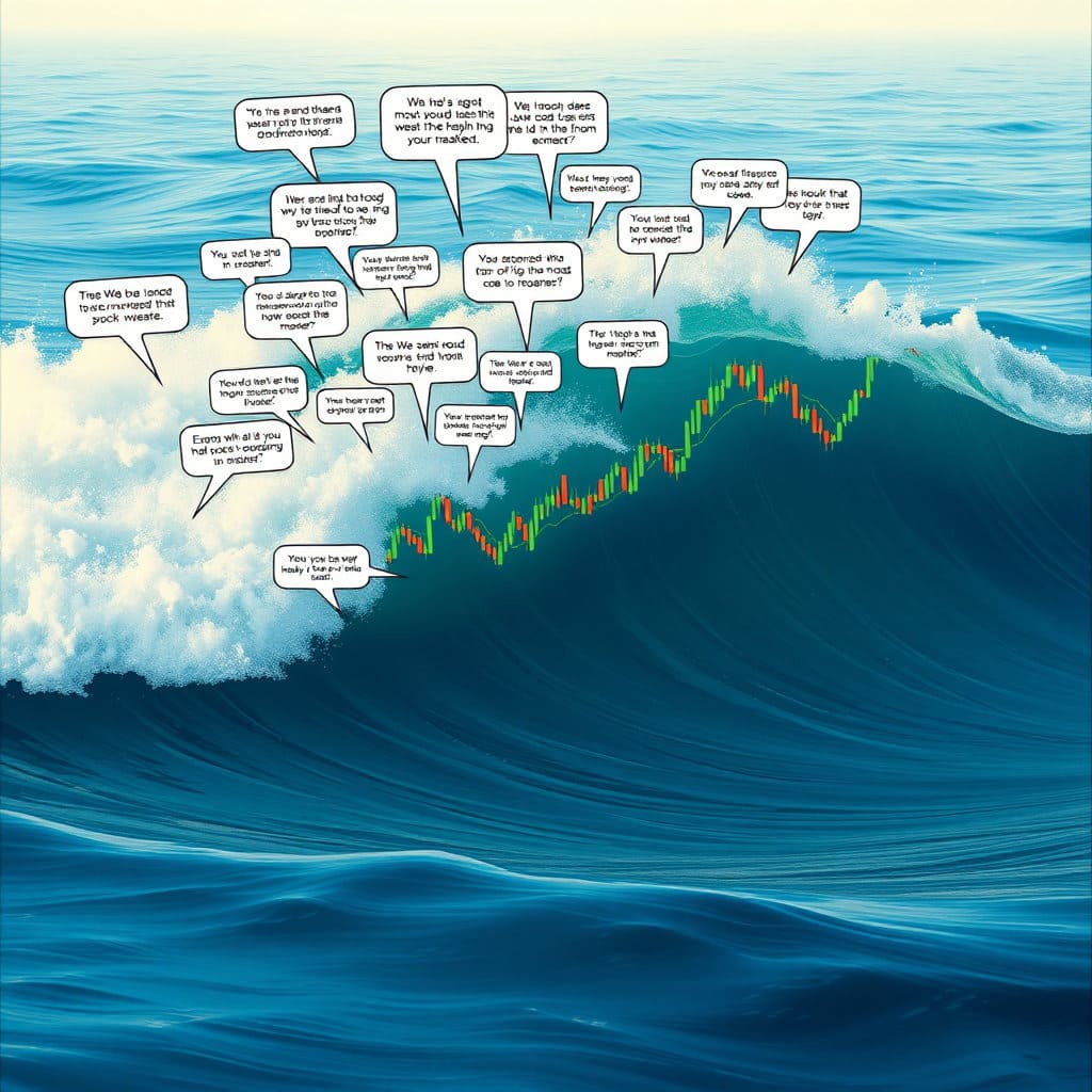 파도치는 물결 위에 주식 그래프가 그려져 있고, 물결 속에서 사람들의 대화나 생각(말풍선 등으로 표현)이 나타나는 모습을 그립니다. 여론의 움직임이 주식 시장에 영향을 미치는 모습을 은유적으로 표현합니다.