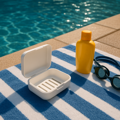 수영장에서 이노마나사의 휴대용 사각 받침 비누 케이스를 사용
