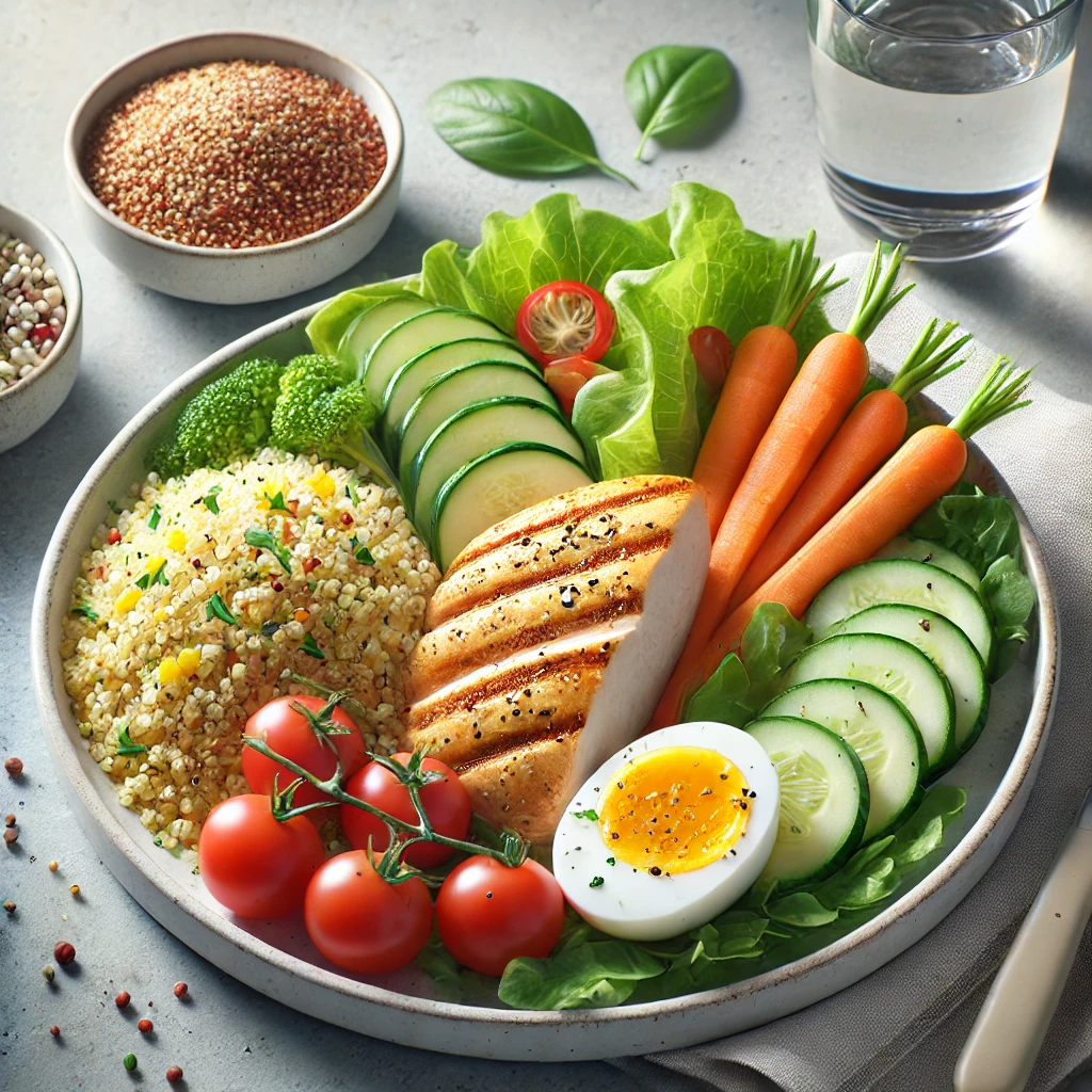 단백질과 식이섬유가 풍부한 다이어트 식단이 담긴 식탁