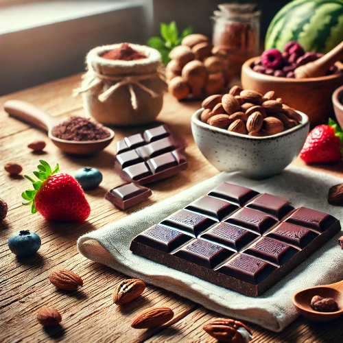 다크 초콜릿 조각과 함께 코코아 빈, 견과류, 신선한 베리가 놓인 건강한 간식 구성