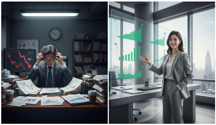 대표자 변경 시 복잡한 정부 지원금 환수 리스크와 성공적인 방어 전략을 비교하는 한국인 남성 CEO와 여성 CEO의 모습
