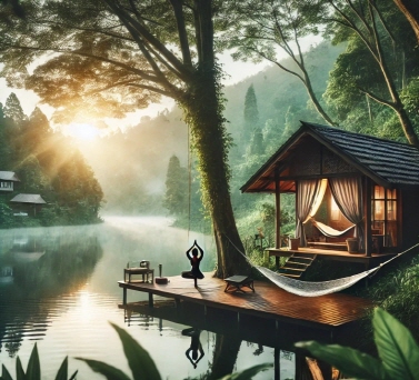 자연 속 평화로운 리트릿 공간에서 요가와 명상을 즐기는 여성의 모습