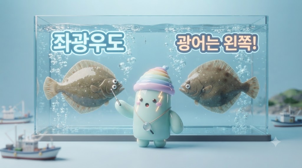 쫀쿠가 거대한 수조 앞에서 '좌광우도(左廣右道)'라고 적힌 입체적인 안내판을 들고 있습니다. 수조 안에는 납작한 물고기 두 마리가 헤엄치고 있는데, 왼쪽 물고기는 눈이 왼쪽에 몰려 있고 오른쪽 물고기는 오른쪽에 몰려 있습니다. 쫀쿠가 돋보기를 이용해 왼쪽 물고기의 눈을 가리키며 명확하게 구분해 줍니다.