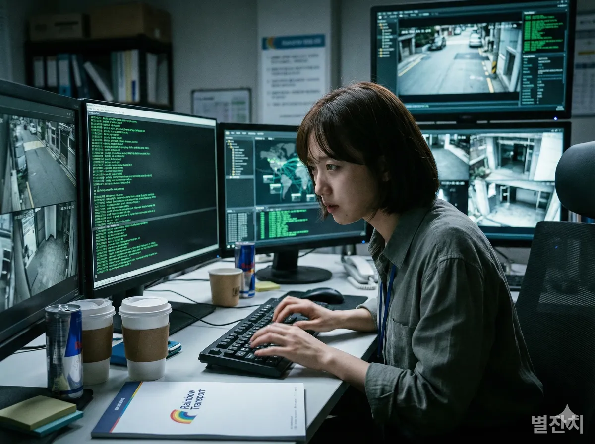 다수의 모니터 앞에서 해킹 작전을 수행 중인 무지개 운수 안고은의 모습