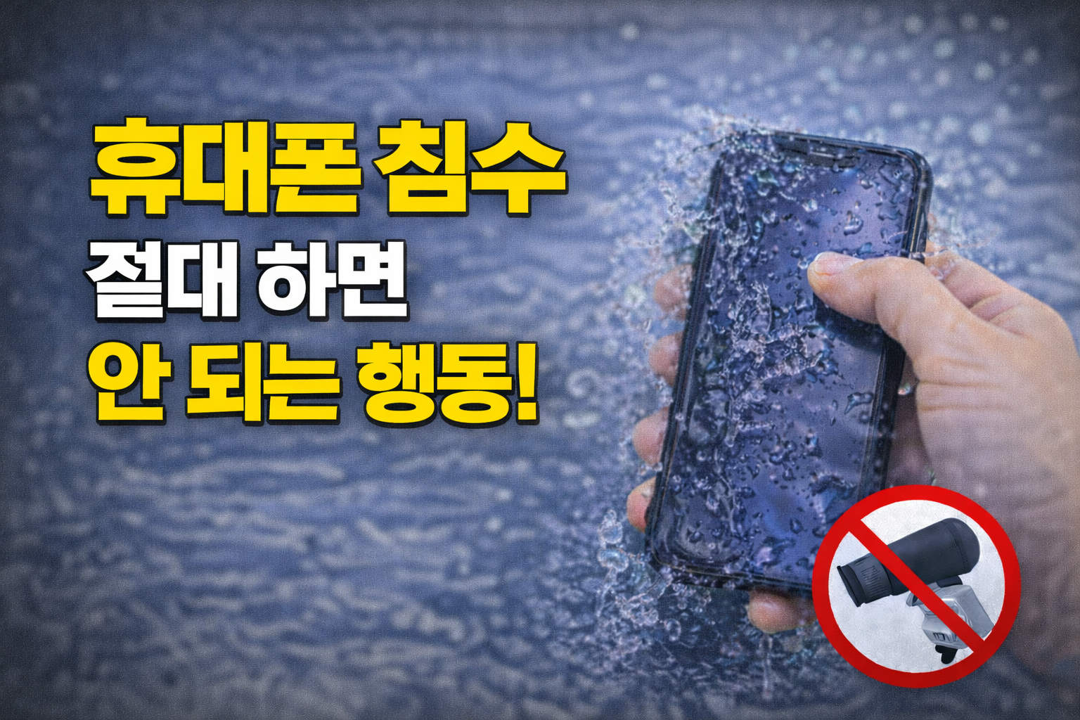 물에 빠진 휴대폰을 꺼낸 직후 절대 하면 안 되는 실수와 주의사항을 강조한 침수 대응 썸네일