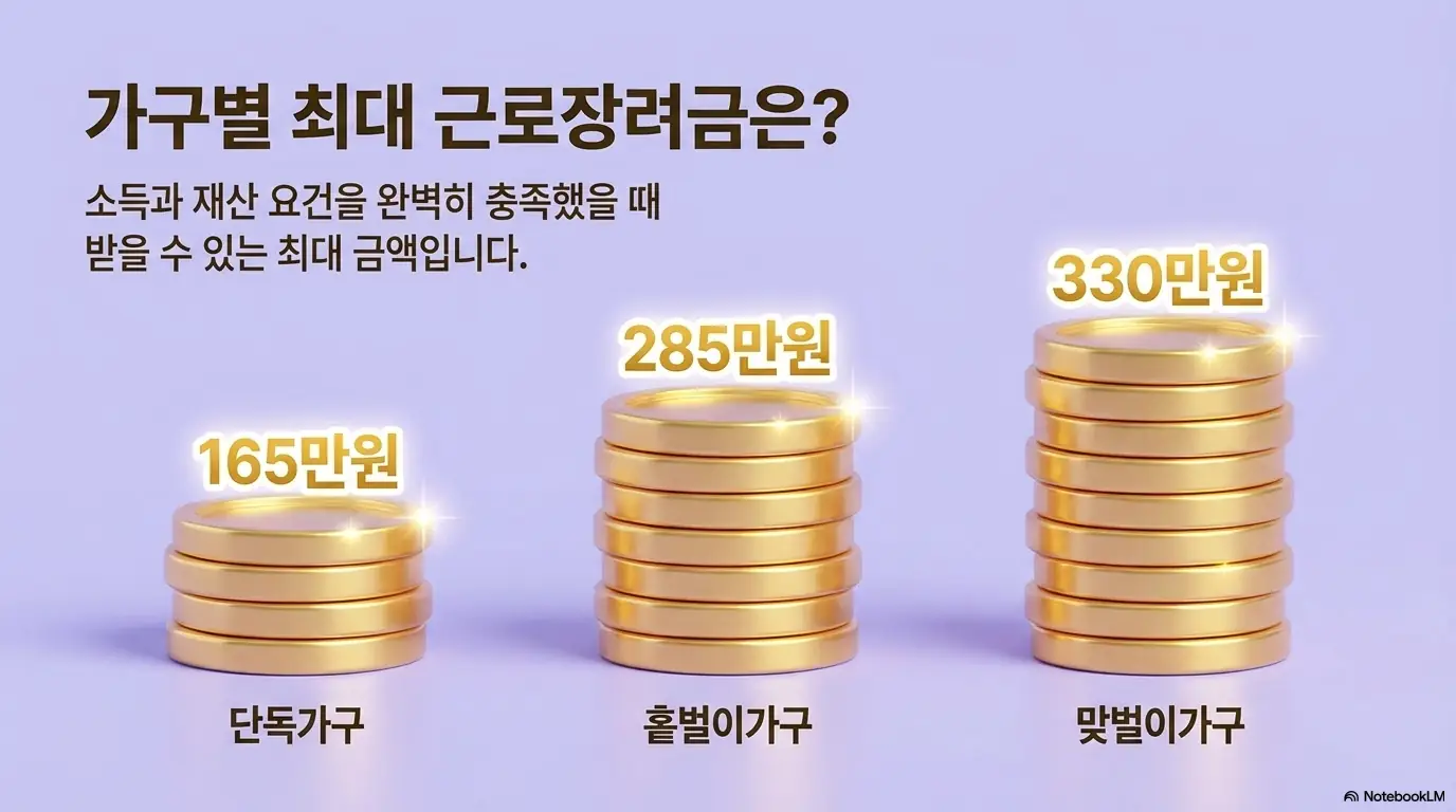 근로자녀장려금 신청자격: 가구 유형별 최대 근로장려금을 동전 더미 높이로 비교한 이미지. 단독가구 165만원&amp;#44; 홑벌이가구 285만원&amp;#44; 맞벌이가구 330만원으로 소득과 재산 요건을 충족했을 때 받을 수 있는 최대 금액을 시각적으로 전달함. 블로그의 가구유형별 근로장려금 지급액과 관련된 내용을 설명함 