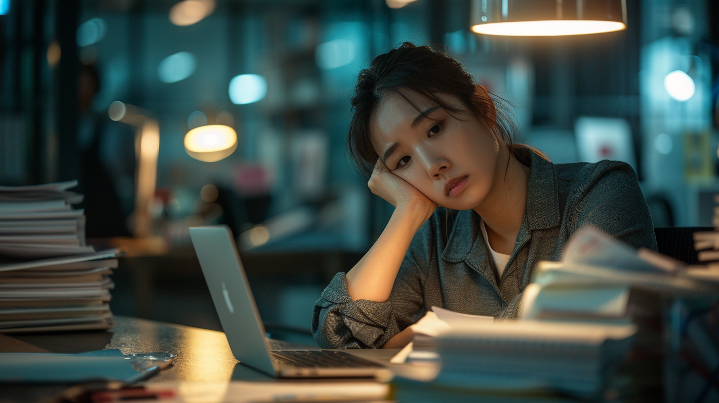 야근 후 사무실에서 탈진한 표정으로 홀로 앉아 있는 30대 직장 여성