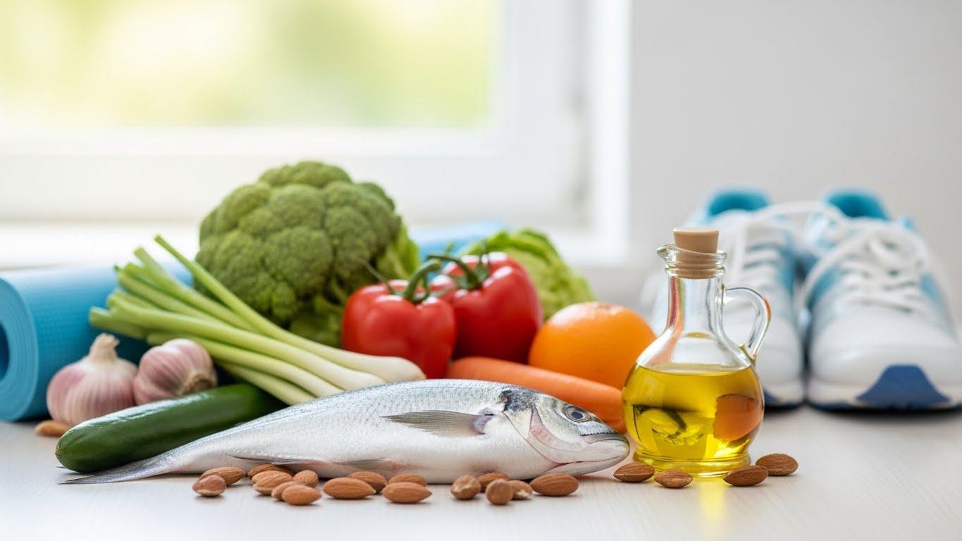 신선한-채소,-과일,-생선,-견과류,-올리브-오일,-그리고-워킹화나-요가-매트와-같은-가벼운-운동-기구가-있습니다.