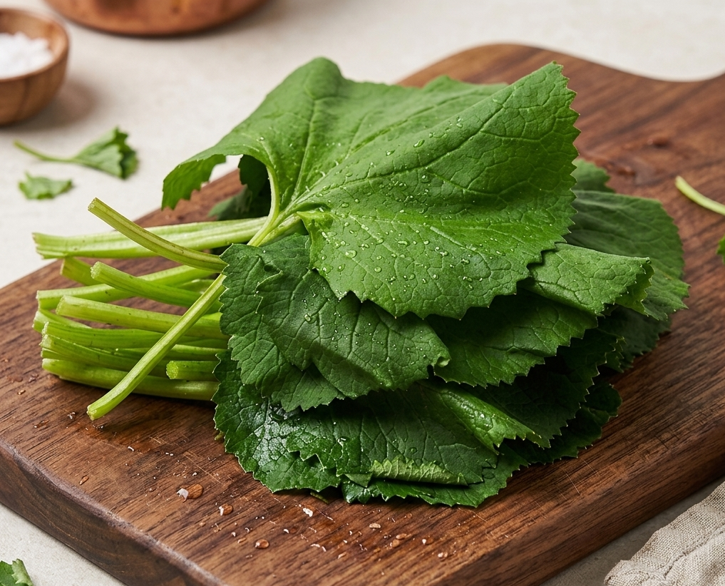 갈색 나무 도마 위에 신선하게 쌓여 있는 초록색 곰취 나물 뭉치. 잎에 물방울이 맺혀 있으며, 배경에는 조리 도구와 린넨 천이 놓여 있는 감성적인 주방 연출 사진.