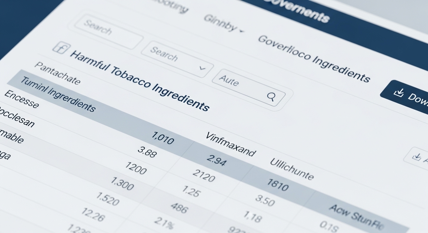 정부 웹사이트에 담배 유해성분 검사 결과가 표 형식으로 명확하게 공개되어 있는 화면. 소비자가 정보를 쉽게 확인할 수 있도록 디자인된 모습.
