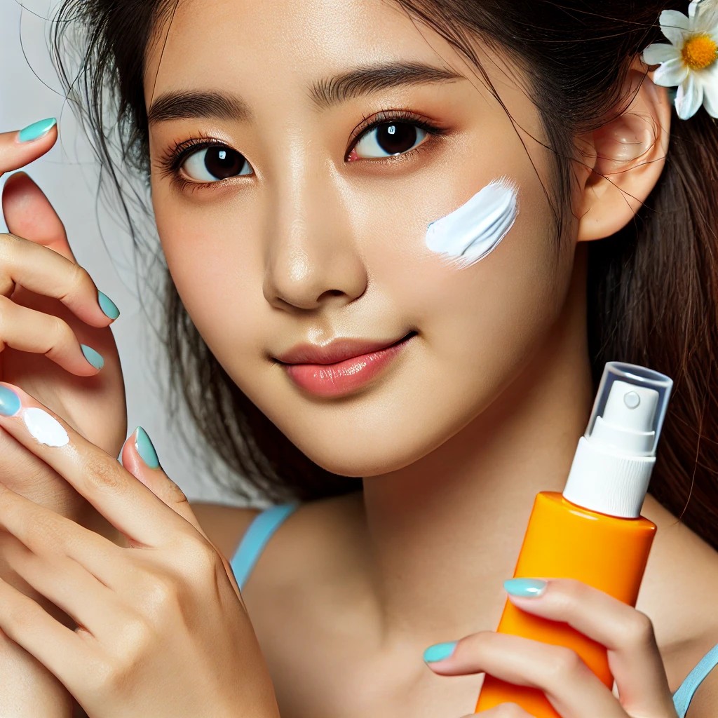 A woman putting on a moisturizer and a sunscreen