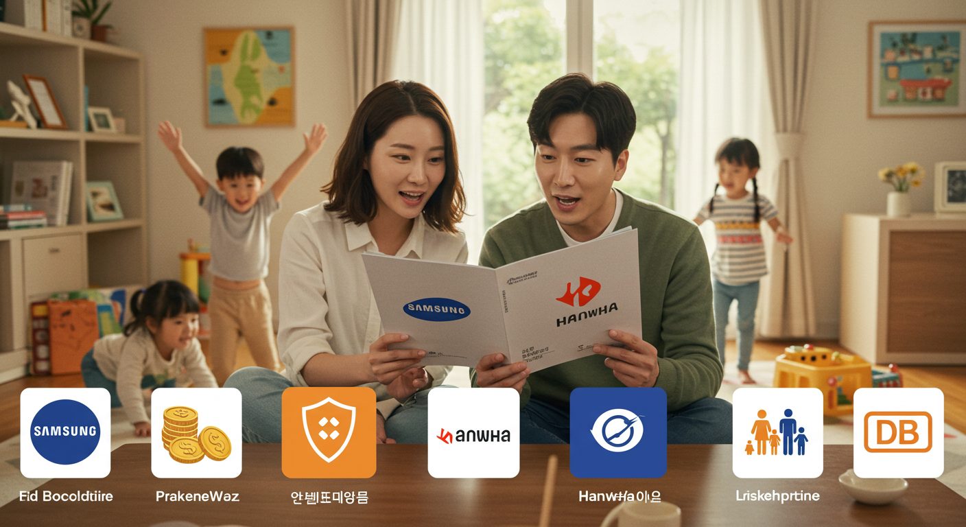 삼성, 한화, DB 상품을 비교하는 부모와 곁에서 노는 아이들