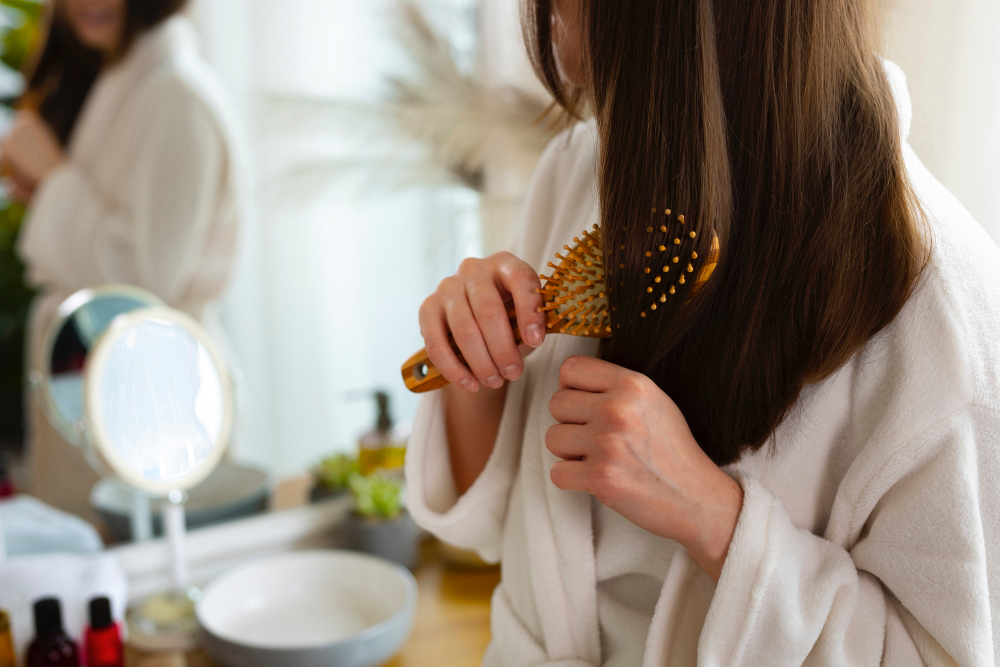 흰색 목욕가운을 입은 여성이 나무 빗으로 긴 갈색 머리를 조심스럽게 빗고 있는 모습 - 올바른 헤어케어 방법