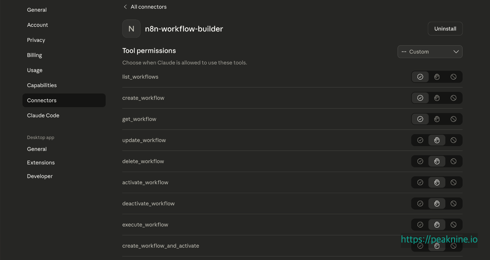 Claude Desktop 설정 > Connector > n8n-workflow-builder에서의 상세설정 화면