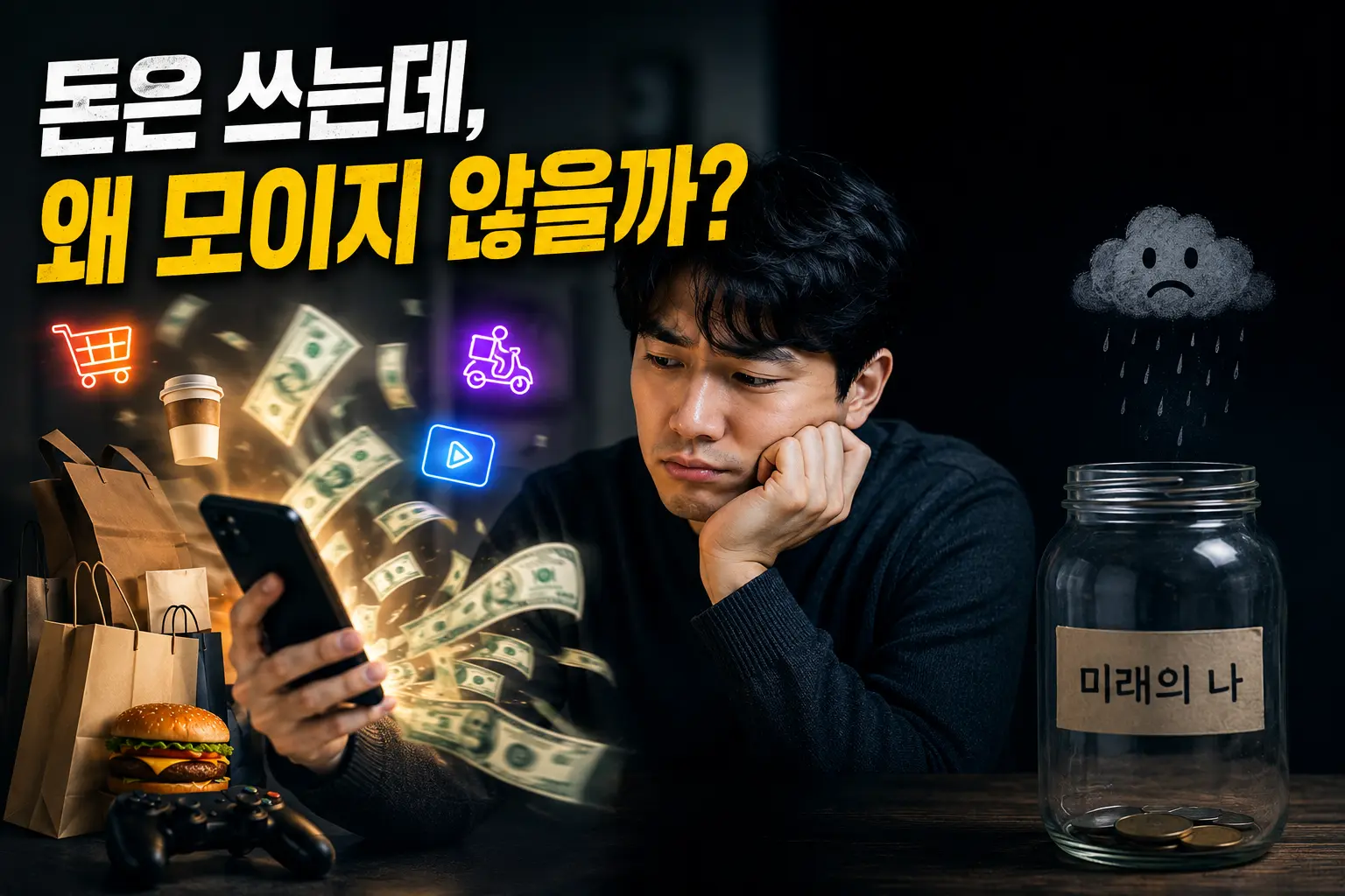 통장 잔액을 확인하며 고민하는 사람