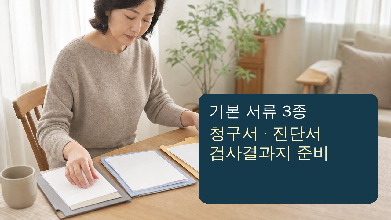 암보험 진단비 청구서 진단서 검사결과지를 세 묶음으로 준비하는 장면