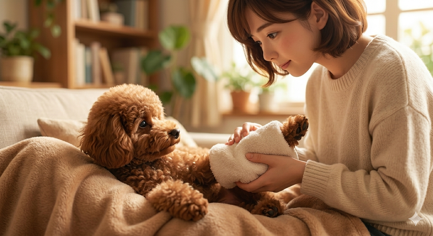 강아지의 뒷다리 무릎 관절 부위에 따뜻한 수건으로 부드럽게 온찜질을 해주는 보호자의 손길