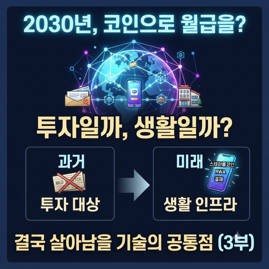 2030년, 코인으로 월급을? 투자일까, 생활일까? 과거의 투자 대상에서 미래의 생활 인프라로 변화하는 블록체인과 '결국 살아남을 기술의 공통점 (3부)' 문구가 포함된 미래 금융 전망 칼럼 썸네일