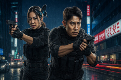 버터플라이 한국 드라마 남 녀 배우가 액션을 취하고 있다