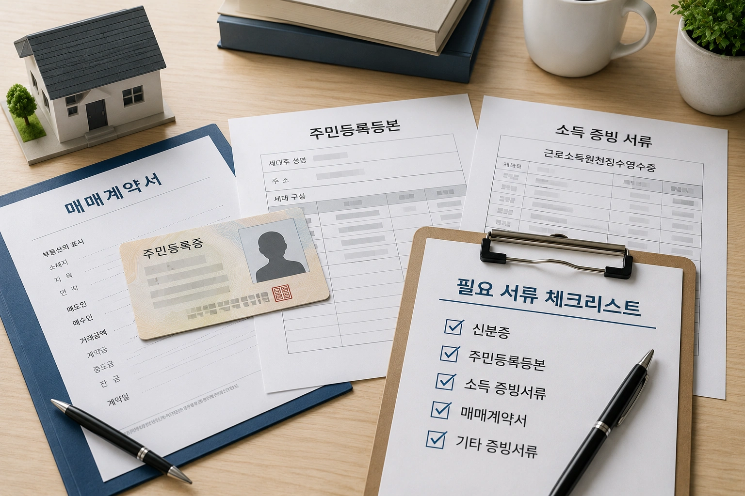 디딤돌대출 신청에 필요한 신분증&amp;#44; 주민등록등본&amp;#44; 소득 증빙서류&amp;#44; 매매계약서 등을 준비한 이미지