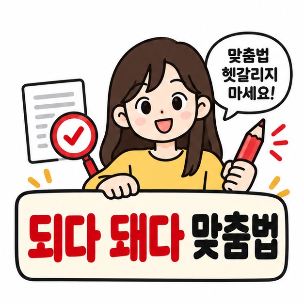 되다와 돼다를 나란히 비교하고 되다에 맞음 표시를 한 되다 돼다 맞춤법 대표 카드