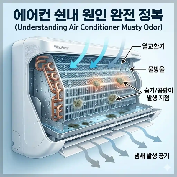 에어컨 쉰내 원인을 설명하는 실내기 단면 이미지