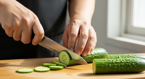 손으로 오이 슬라이스 자르는 모습