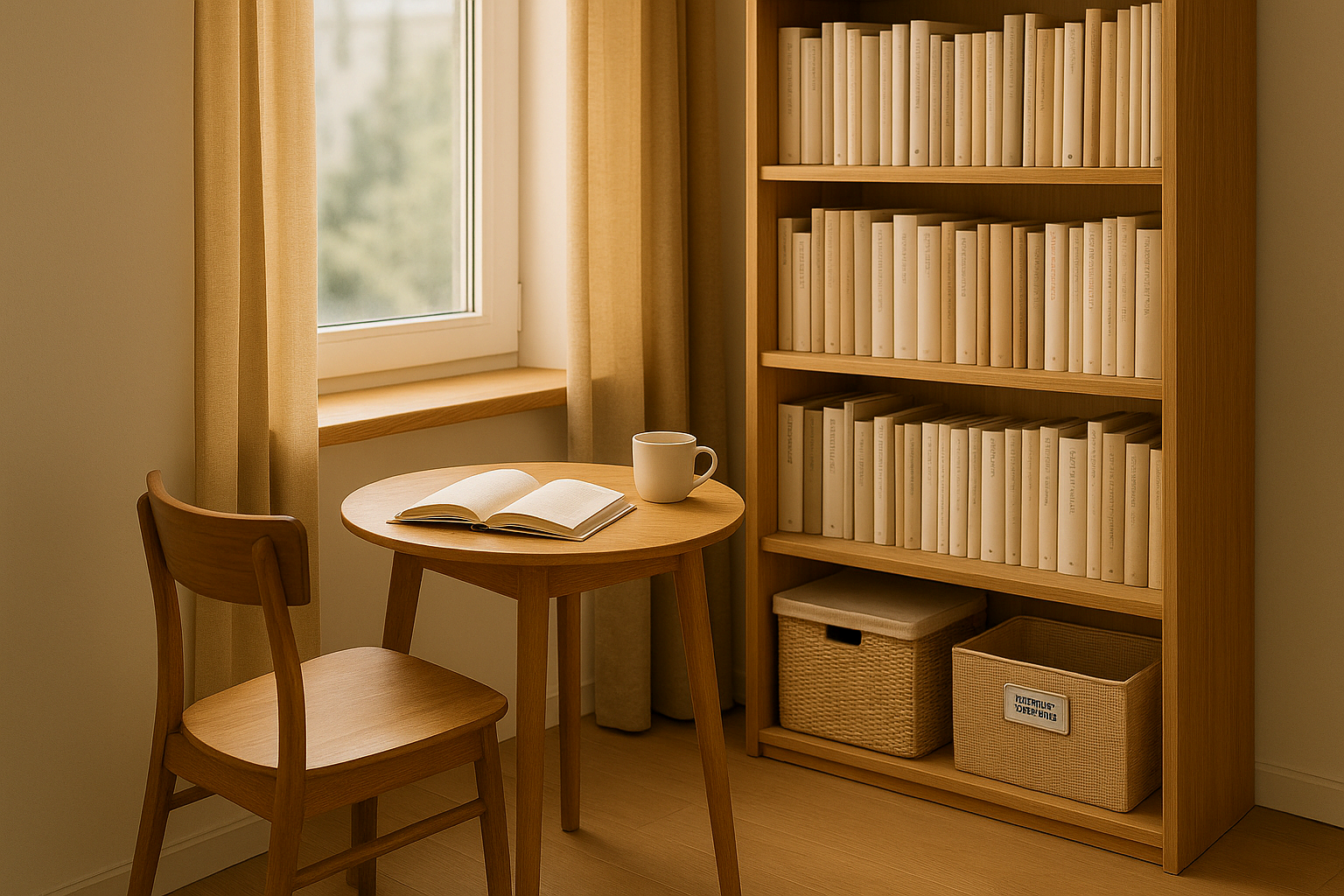 창가에 작은 테이블과 책장이 배치된 아늑한 독서 코너