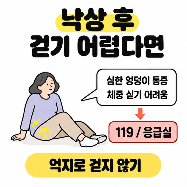낙상 후 바닥에 앉은 사람과 심한 엉덩이 통증 및 체중 싣기 어려움을 표시하고 억지로 걷지 말고 119나 응급실 도움을 받도록 안내한 그림