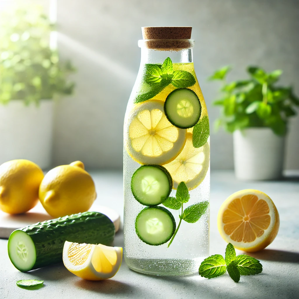 레몬 슬라이스, 민트 잎, 오이가 든 다톡스 워터가 투명한 병에 담겨 있다.
