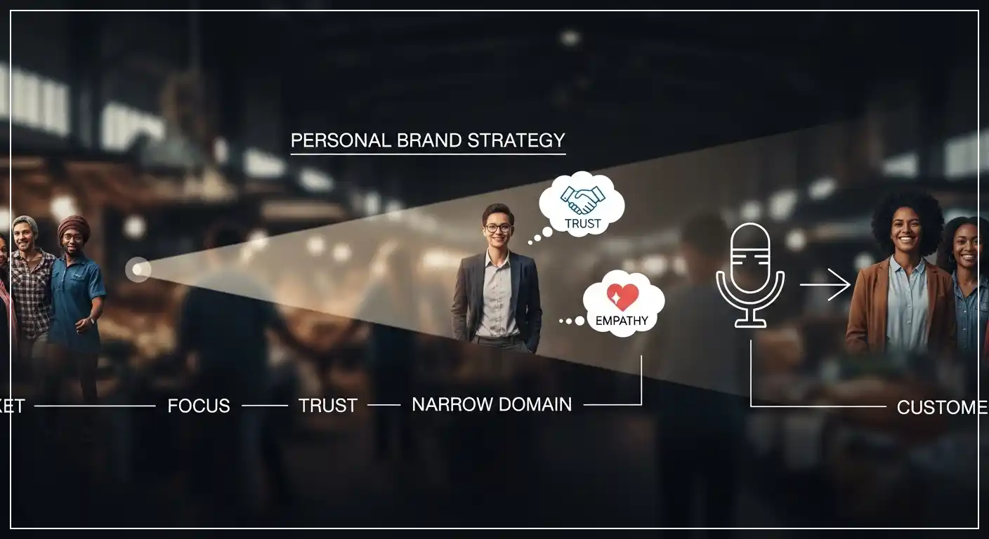 <img src="personal_brand_strategy_focus_trust_customer.webp" alt="개인 브랜드 전략을 통해 좁은 도메인에 집중하고 고객의 언어로 신뢰와 공감을 형성하여 시장에서 기억되는 브랜드를 구축하는 과정을 보여주는 이미지 입니다">